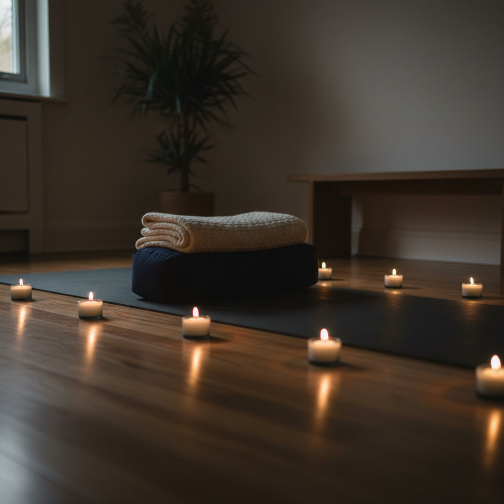 A richly textured dark charcoal yoga mat lies open in a dim, tranquil room, surrounded by carefully placed tealight candles in matte glass holders, their soft flames creating pools of warm light. At the head of the mat, a thick folded wool blanket and a contoured bolster in deep indigo rest, ready for Yoga Nidra. The wooden floor reflects subtle, flickering highlights from the candles. The background fades into gentle darkness, with only the faint outline of a large plant and a low bench visible. Shot from a low, side angle with a shallow depth of field in photographic realism, the mood is deeply restful, cocoon-like, and introspective, ideal for deep restoration.