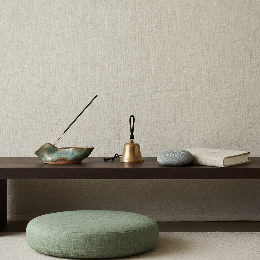 A low, dark-wood altar-style shelf rests against a softly textured linen wall, holding an artful selection of yoga and meditation essentials: a handmade ceramic incense holder with a delicate, unlit stick, a small bronze bell, a closed linen-covered journal, and a smooth river stone engraved with a subtle mandala. A finely woven meditation cushion in muted sage rests on the floor nearby. Diffused overcast daylight enters from an unseen window, creating a gentle, even illumination with soft, calming shadows. Photographic realism, framed using the rule of thirds at eye level, with a quiet, refined atmosphere that suggests stillness, introspection, and spiritual grounding without feeling ornate or cluttered.